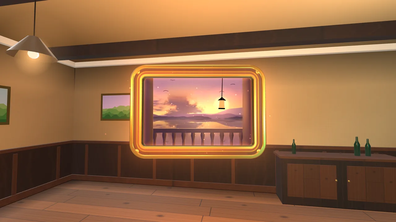 Render from the Magic Windows prototype: a glowing window frame floats in a wood-panelled room and opens onto a golden-hour sky over water